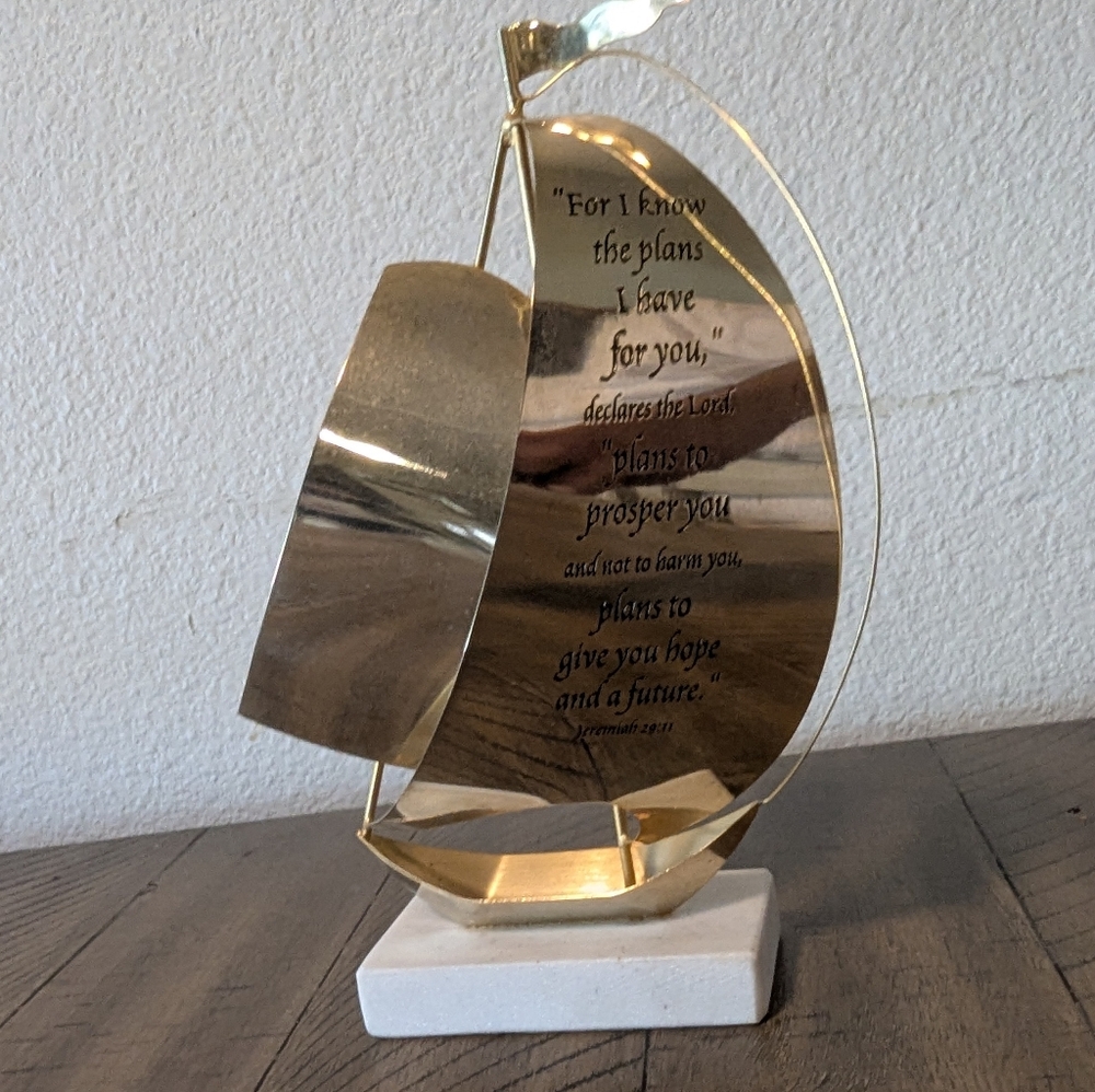 Metal Sailboat Stone Marble Base Paperweight With Scripture Jeremiah 29:11